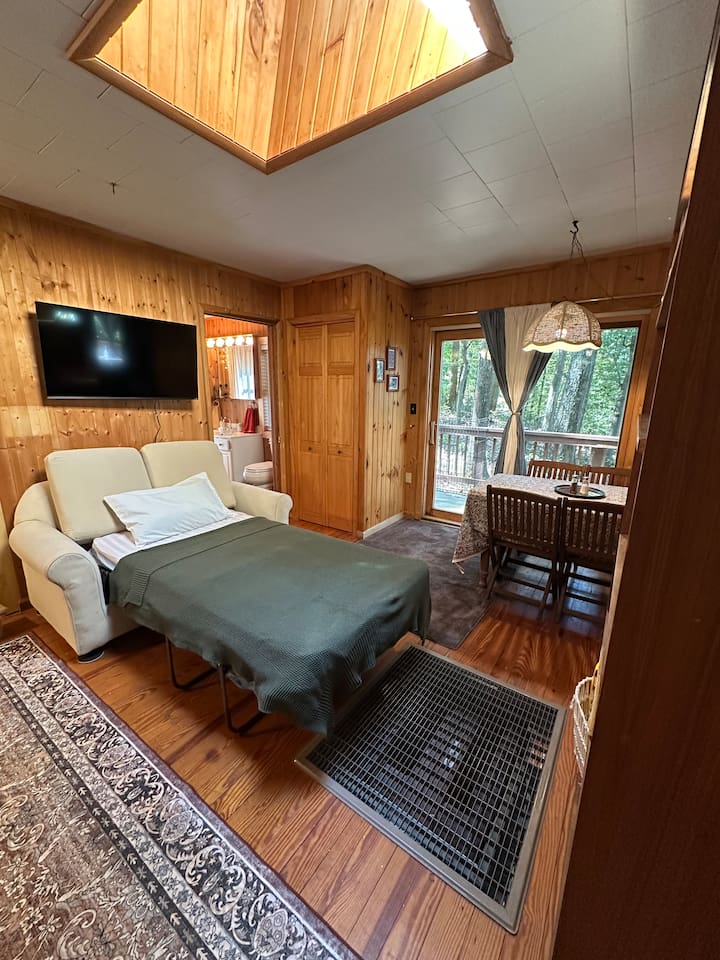 Cozy living room with two sleeper sofas — one folds into a twin bed, the other a cot-size. Perfect for extra guests! Fresh bedding is stored in the closet. Ideal for relaxing after a day exploring the orchards, trails, or lakes nearby.