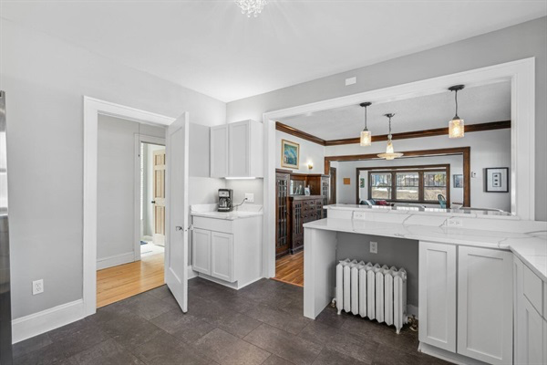 Spacious, fully stocked kitchen.