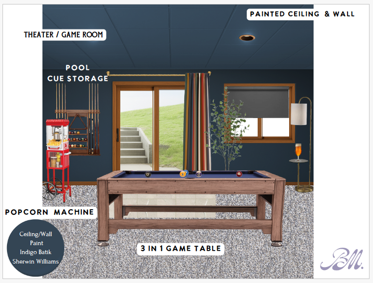 Updated theater/game room w/ comfy seating for movie nights & games.