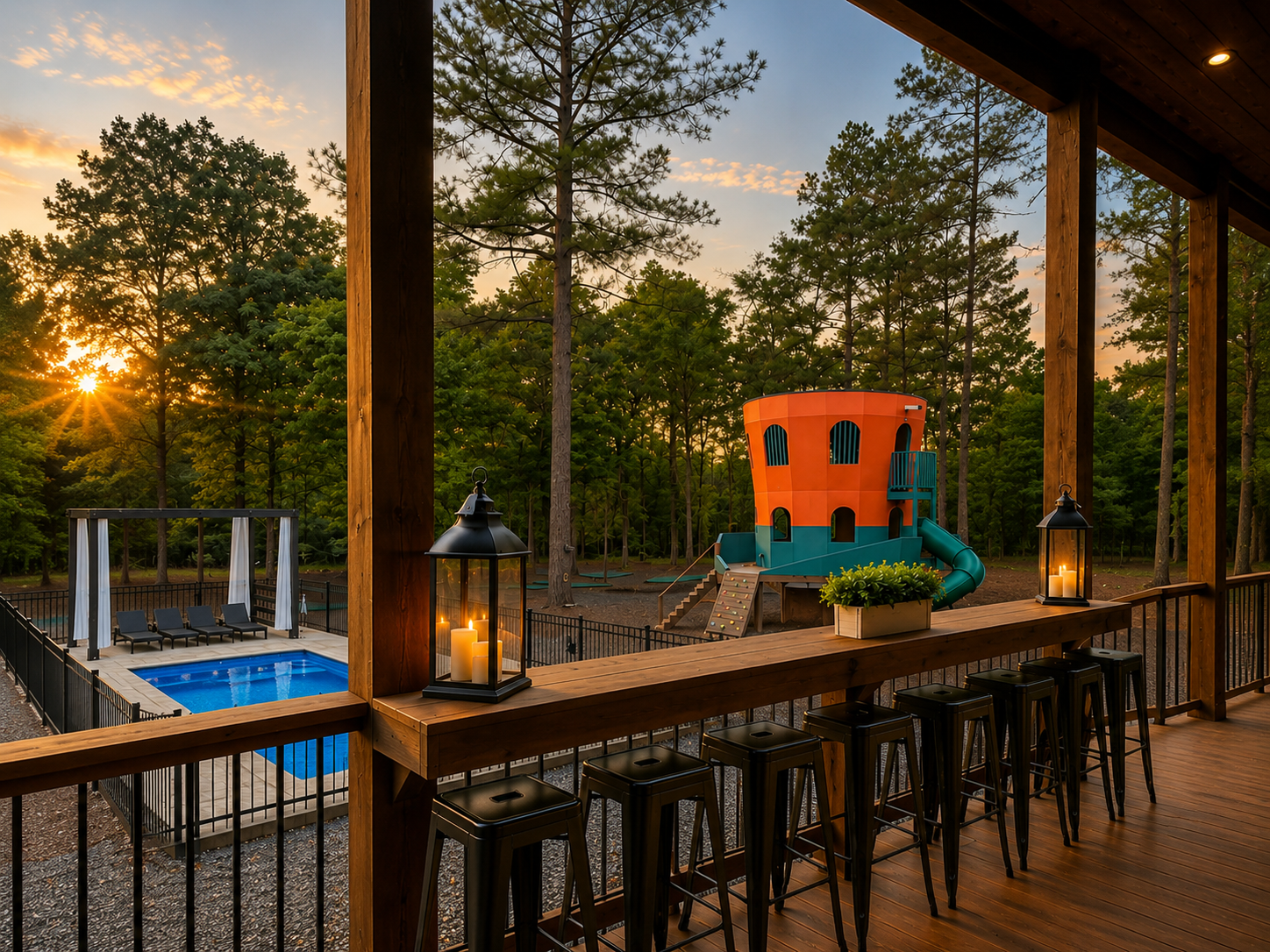 Outdoor Lounge: Sip drinks by the pool with stunning views while your kids enjoy the playhouse!