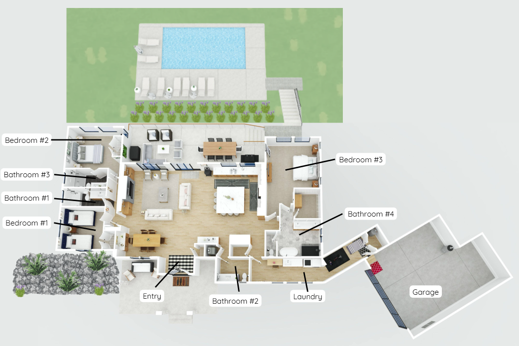 3D Floor plan of the home and lower pool level