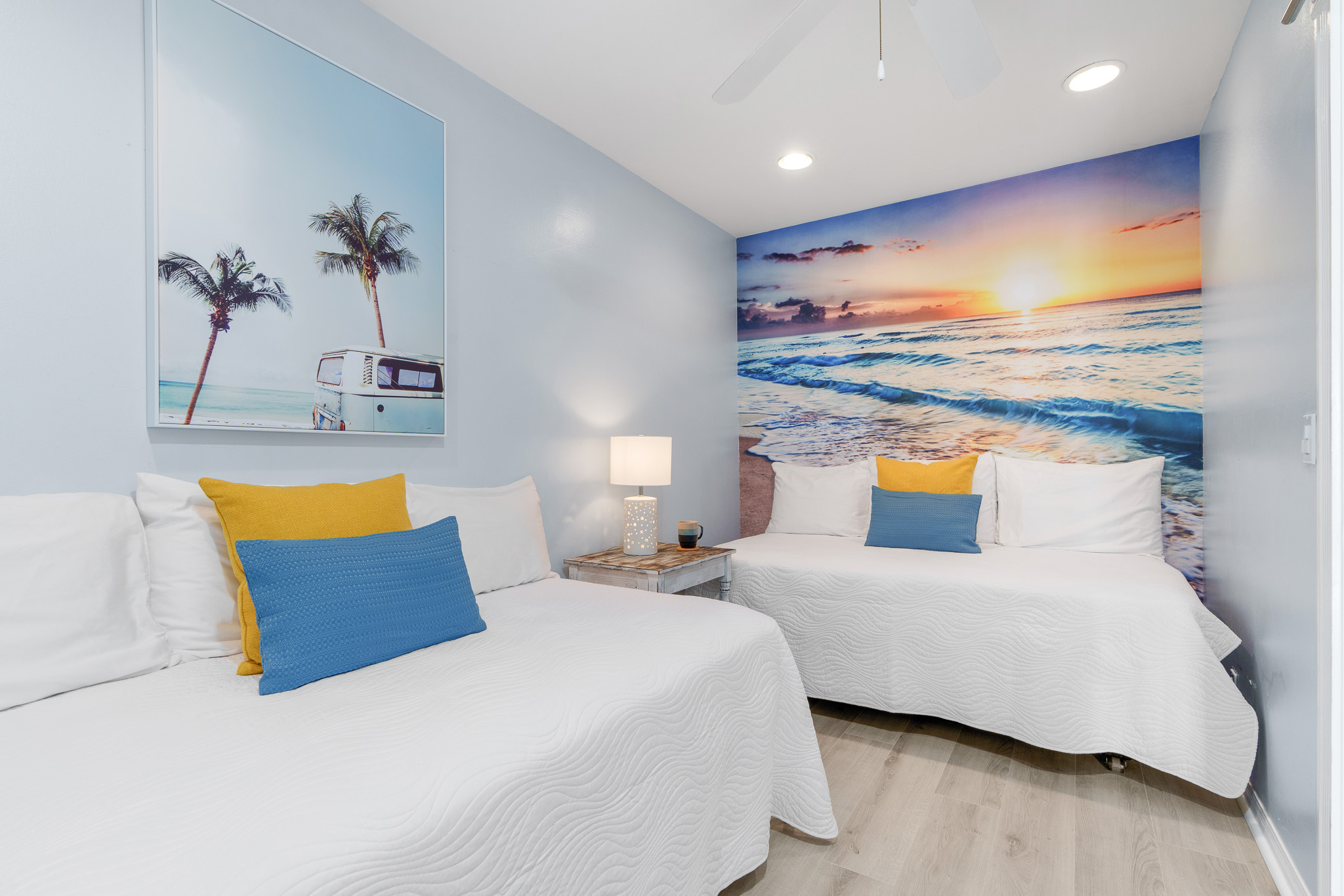 Bonus room, two twin beds, ceiling fan, non-locking barn door, hi-hat lighting (small space-good for kids! Can accomodate a king together)