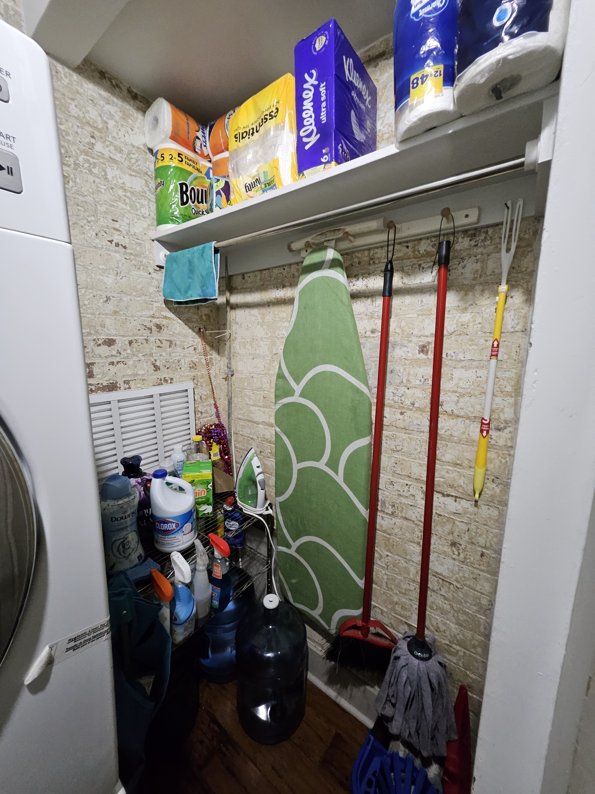 Full size ironing board, iron, spray starch, cleaning supplies (if needed)