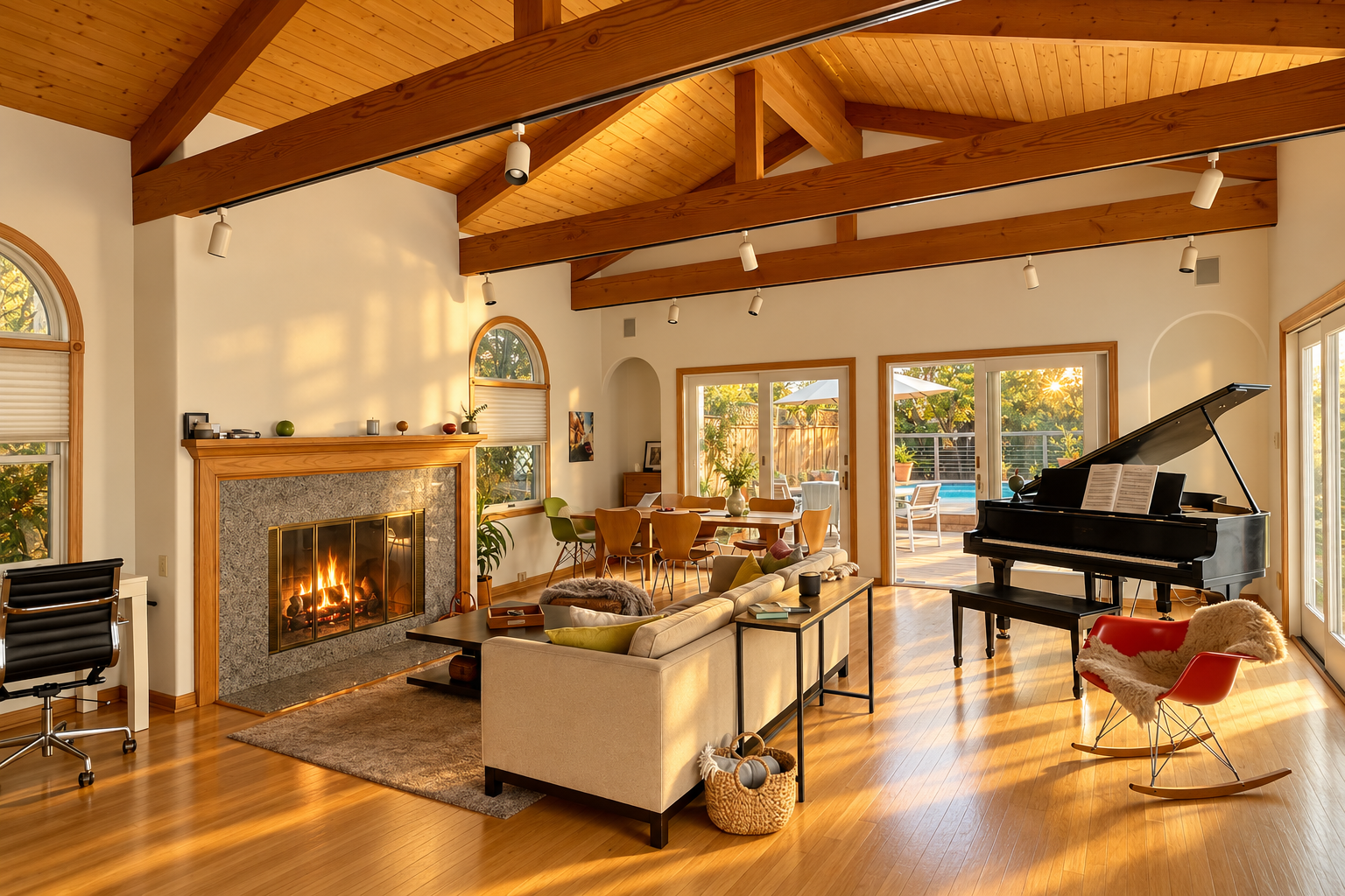 Living and dining room with exposed beams, fireplace, piano, and access to the pool deck.