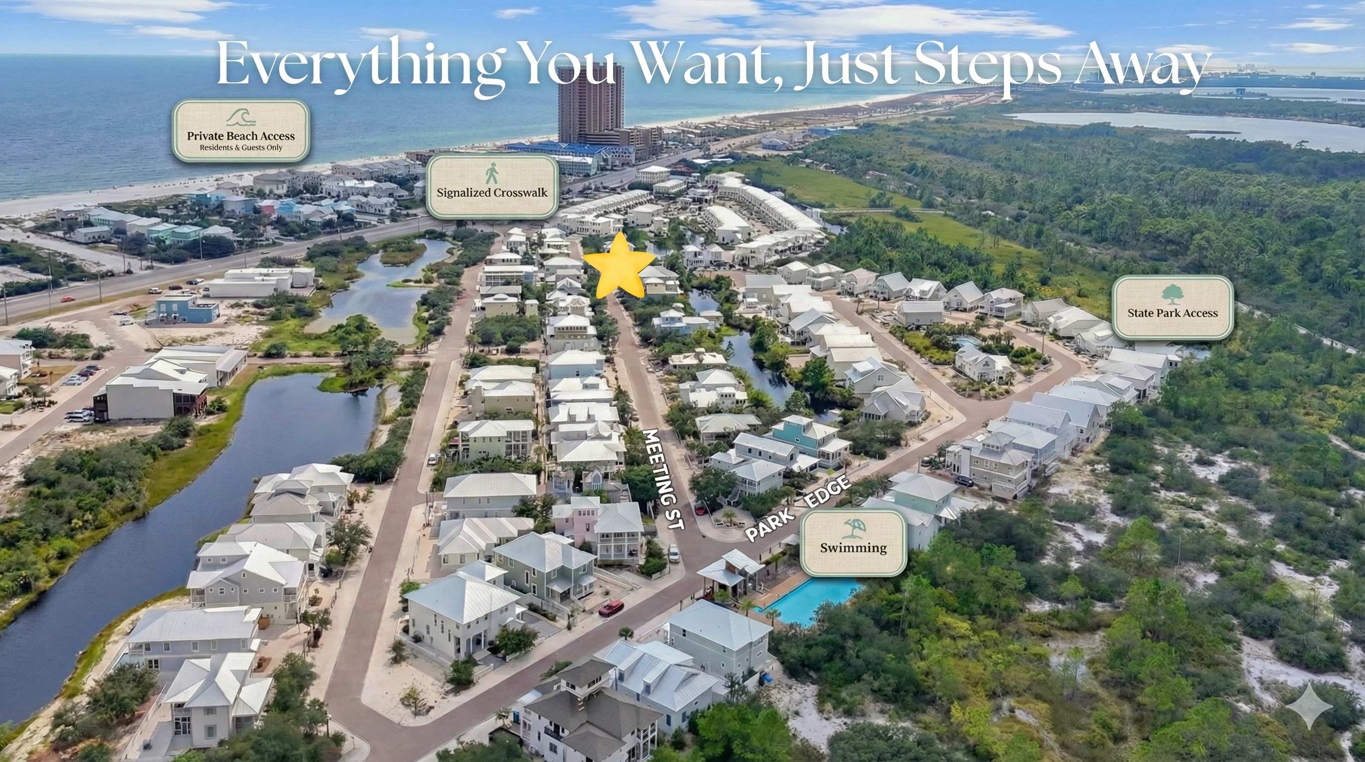 Just a short 3-5 minute walk to the beach, relax by the pool only 1 minute away, and explore the beautiful state park in just 3 minutes. Your perfect getaway is within reach! 