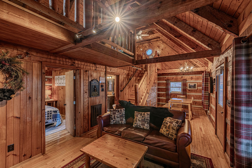 Living room with fireplace and plaid accents