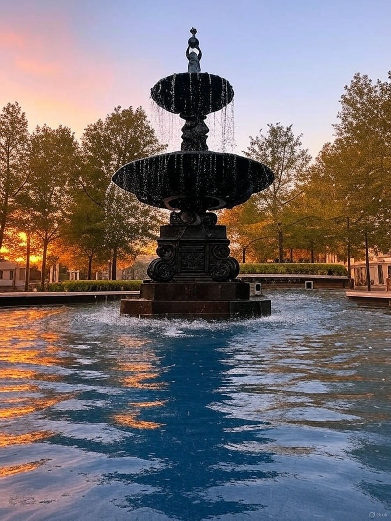 The Town Center lawn, located in the center of South Village, offering a serene space for relaxation and enjoyment.