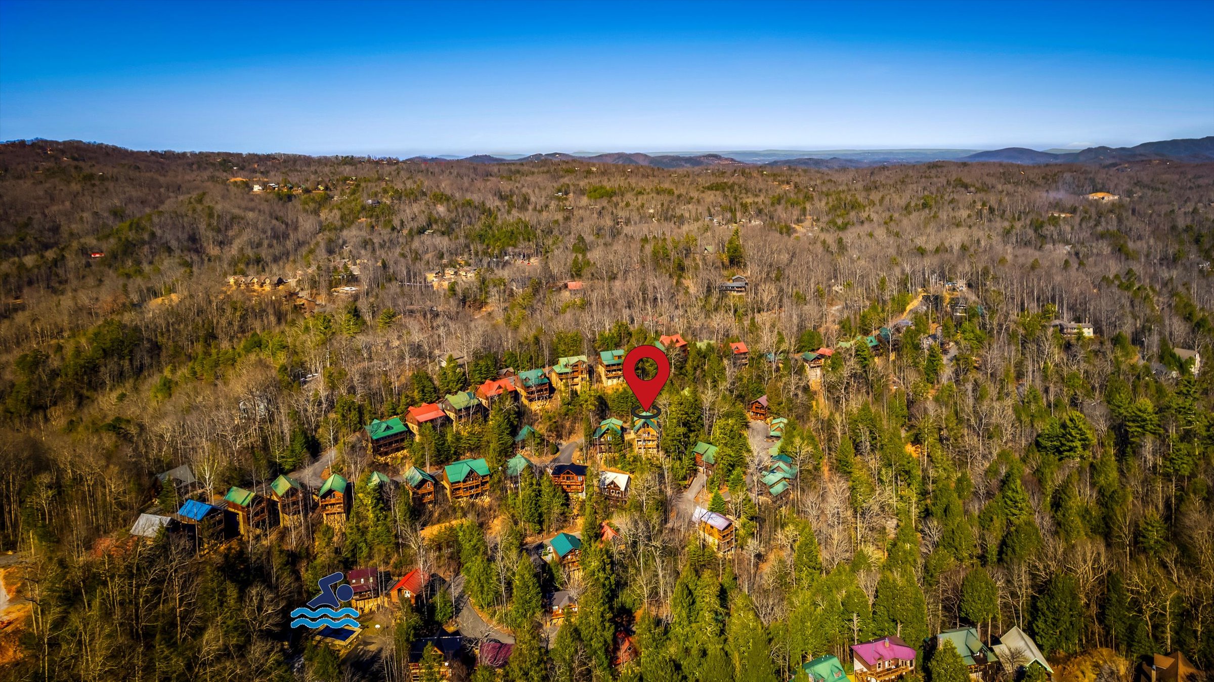 The red marker is the cabin, & the blue marker is the pool, pavilion, & playground (2 minute walk from cabin).