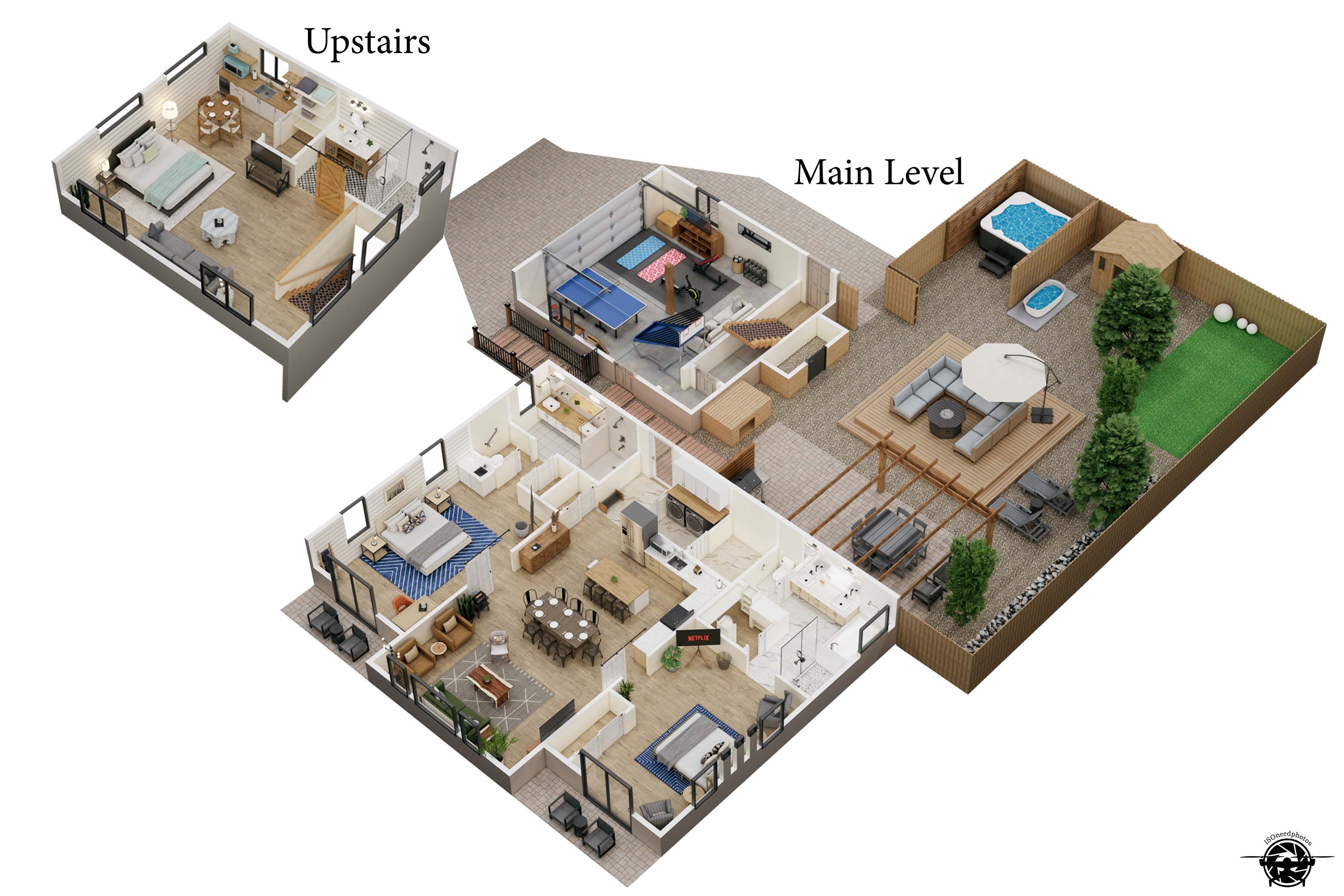 {Floor Plan} Main House: 2 King Suite Bedrooms + 2 Ensuite Baths | Casita: King bedroom above Garage with Queen Sleeper, Ensuite Bath, and Kitchenette.