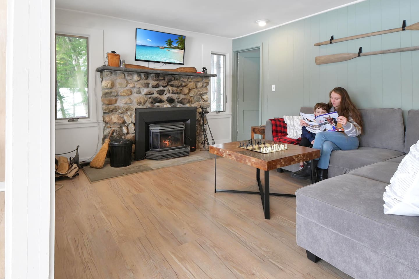 Cozy up next to the fireplace after a long day on the lake or a nice dip in the hot tub! 
