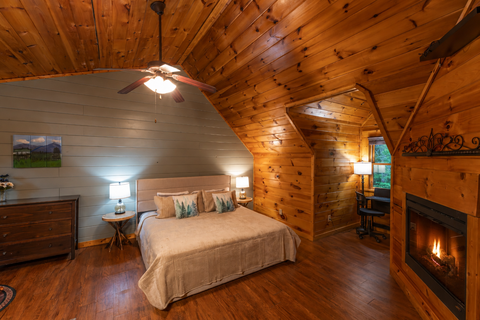 With a private fire place, work space, jacuzzi tub and ensuite bathroom, our spacious master suite is it's own little escape.