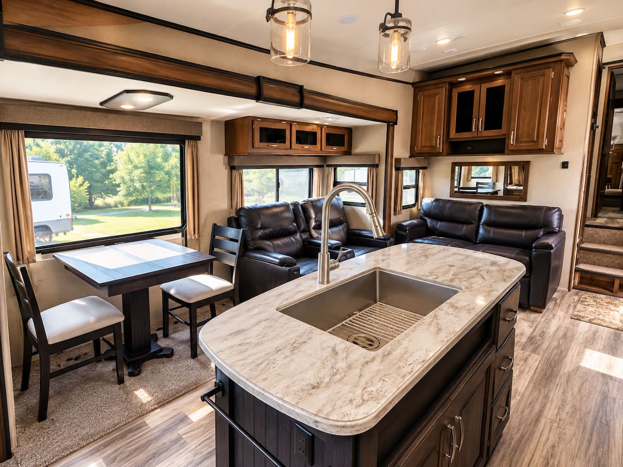 Great room style living area. Kitchen island, dining area and living area. 