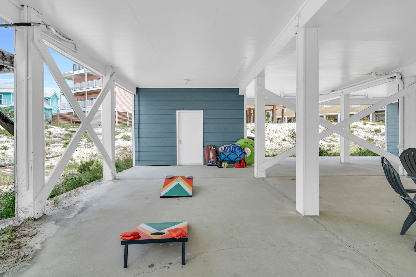 Beach cart and supplies, cornhole set
