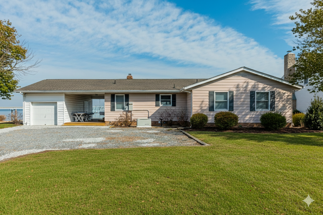 Exterior: Charming waterfront escape with lush lawns and generous outdoor seating for sunset views!