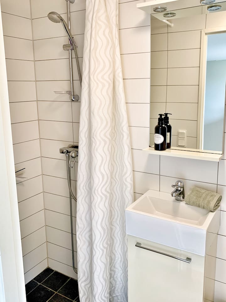 Badrum med dusch och toalett i gäststugan. 