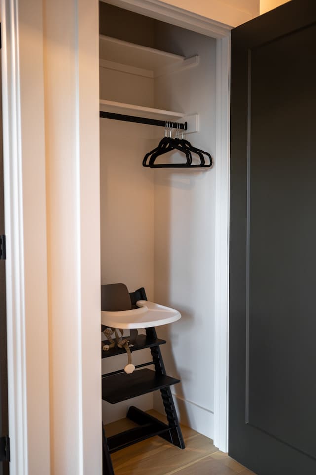 This is the closet on the main floor, where we’ve prepared a Stokke high chair for your little one!






