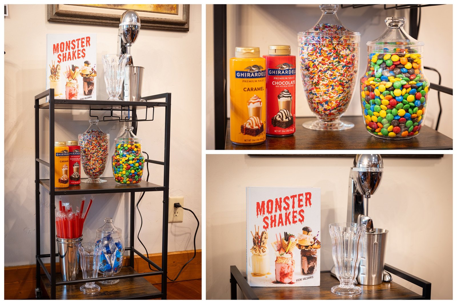 Blend a round at the milkshake bar — malt mixer, candy jars, and the Monster Shakes menu the kids will make you read twice.