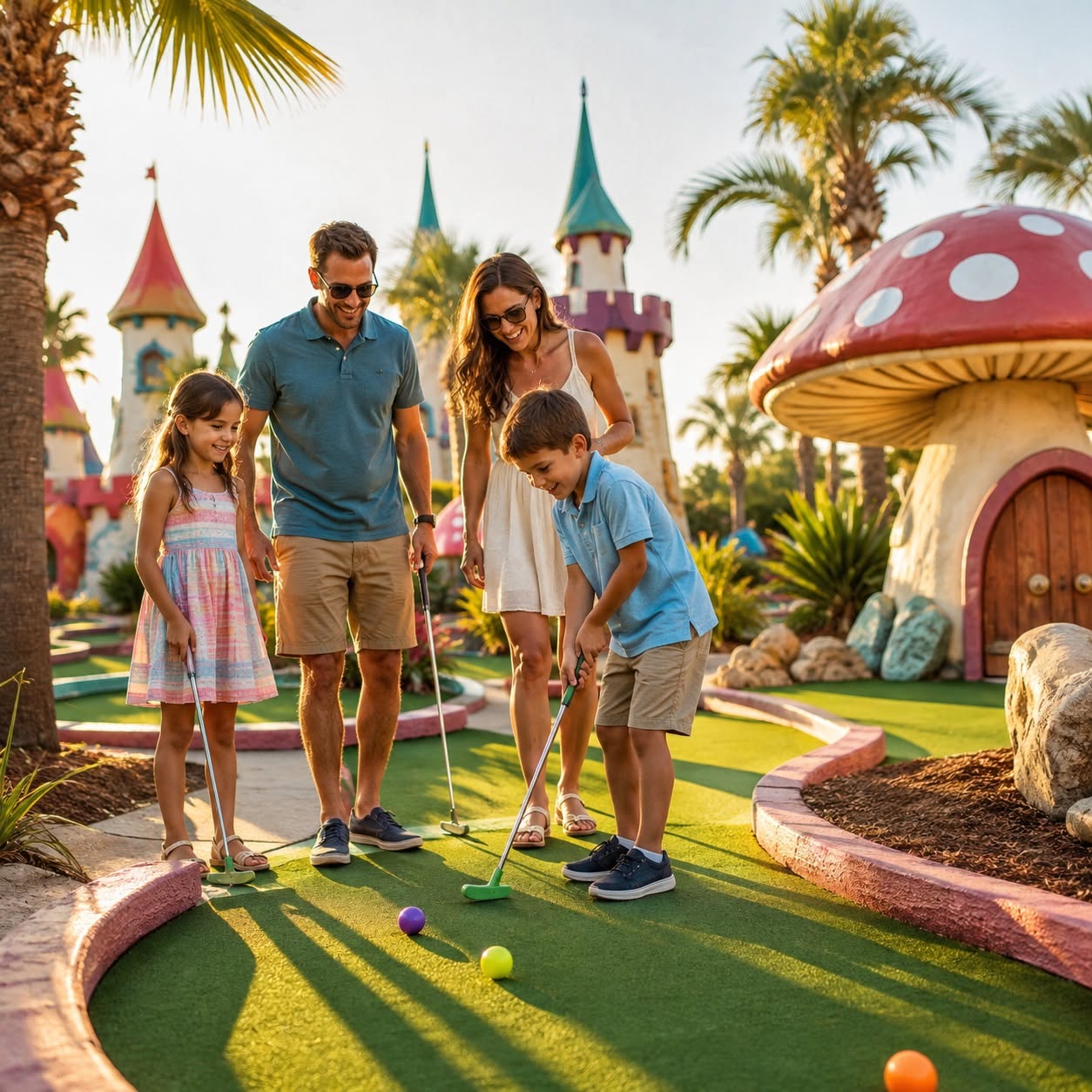AI-created putt-putt illustration inspired by Panama City Beach miniature-golf outings such as Goofy Golf. Not a photo of a specific course. Admission extra.