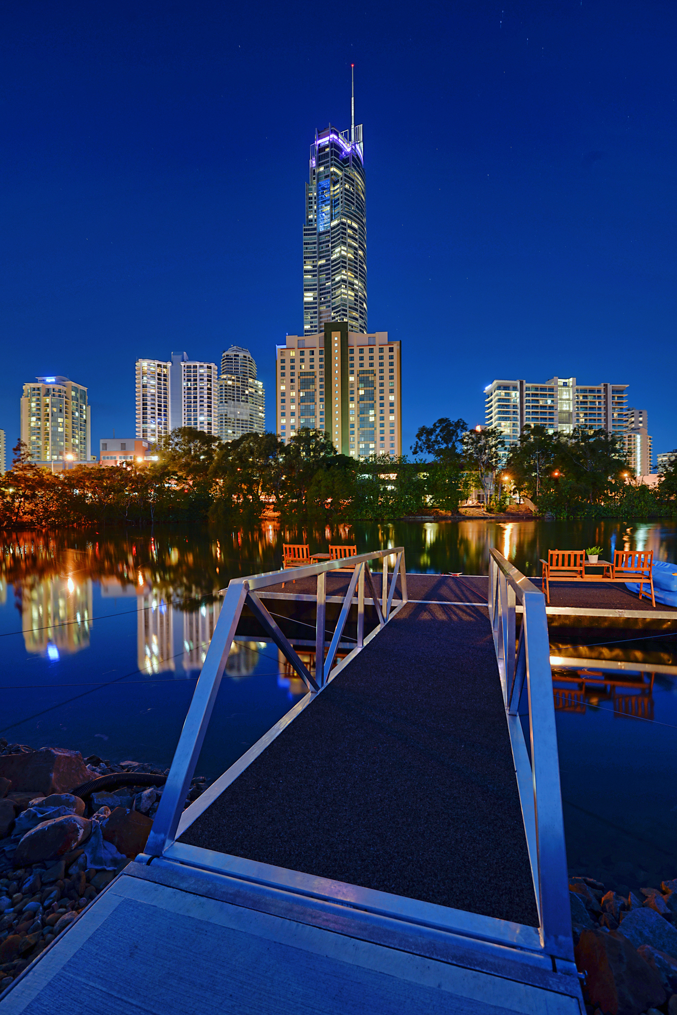 Private jetty views toward the Surfers Paradise skyline from your Paradise Island waterfront retreat.