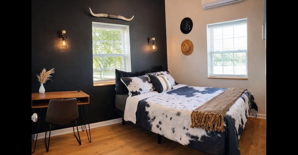 A master "bull-themed" bedroom with a queen-sized bed and a 55" smart TV, perfect for a movie night