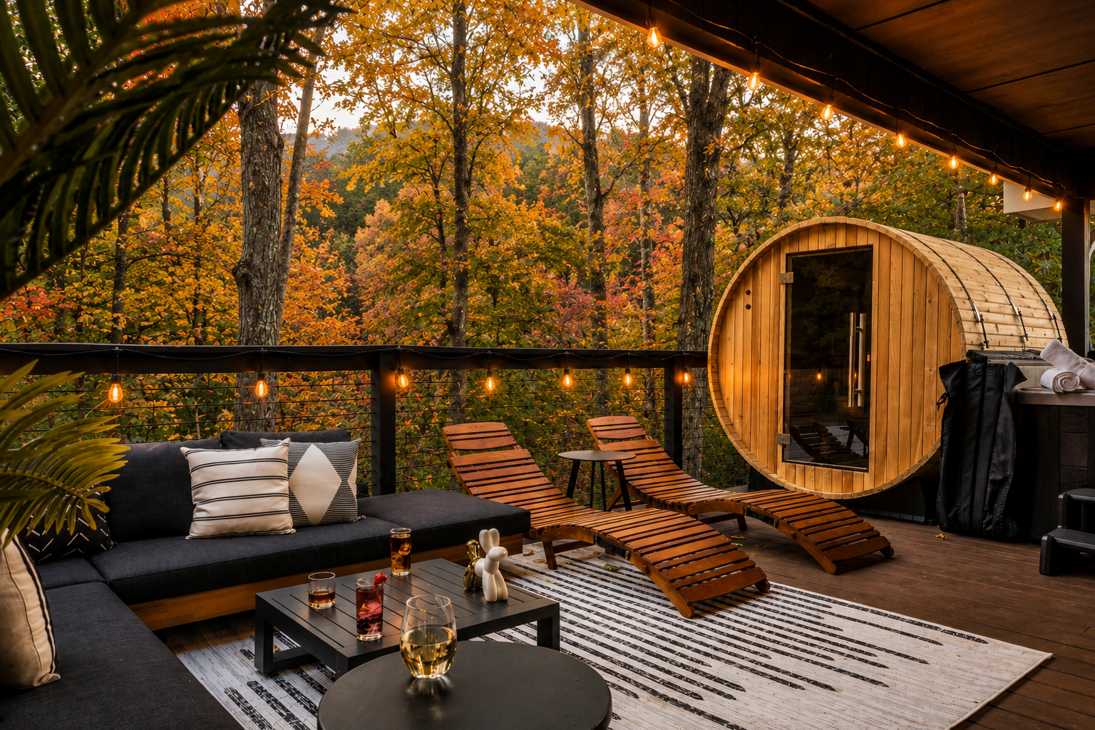 Unwind on the deck surrounded by vibrant fall colors, cozy seating, and a private sauna with peaceful mountain views.