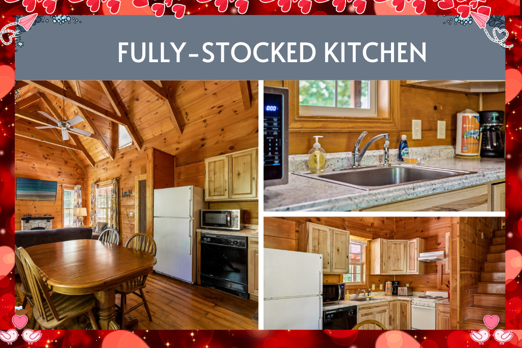 Fully-stocked kitchen with rustic charm—cook, sip, or snack in comfort.