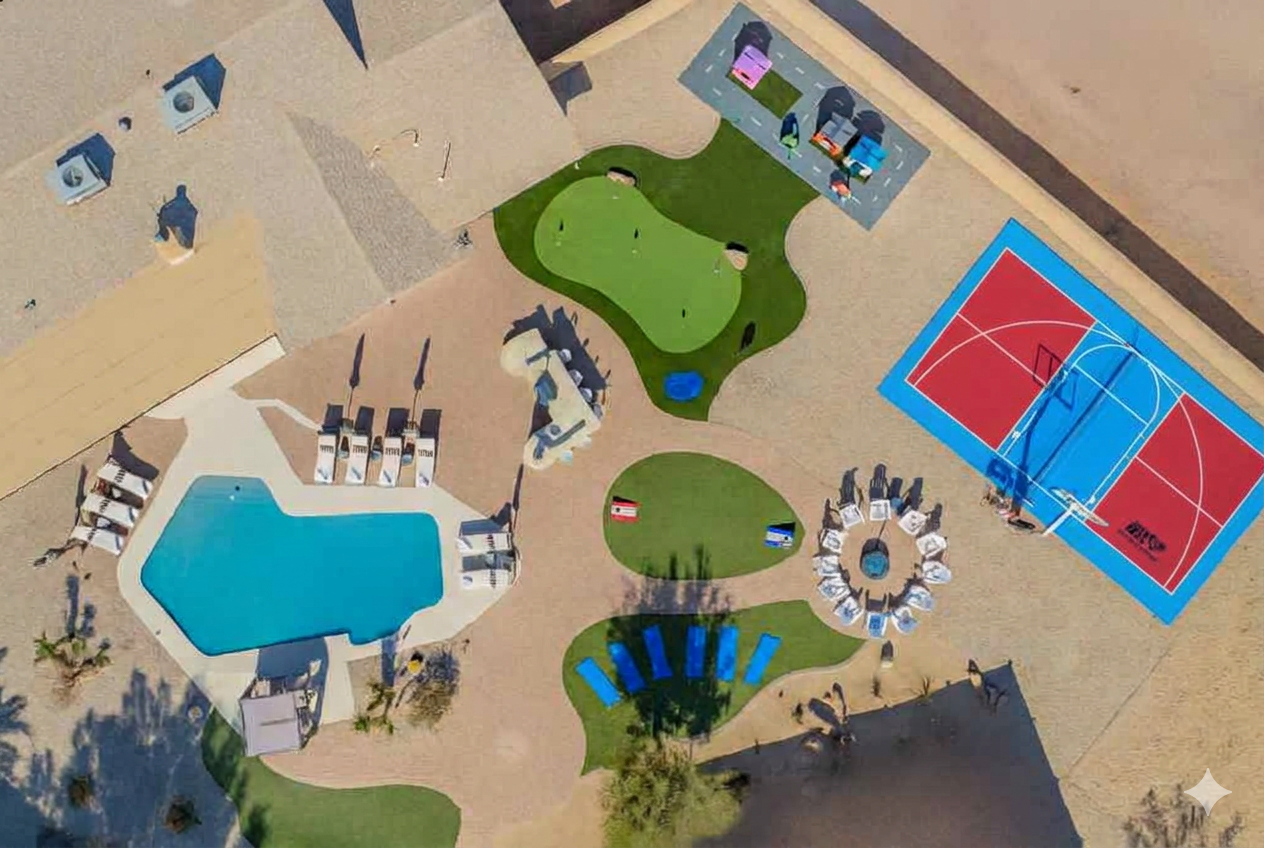 Aerial view of the entire backyard resort — pool, mini golf, sports courts, and lounge areas.