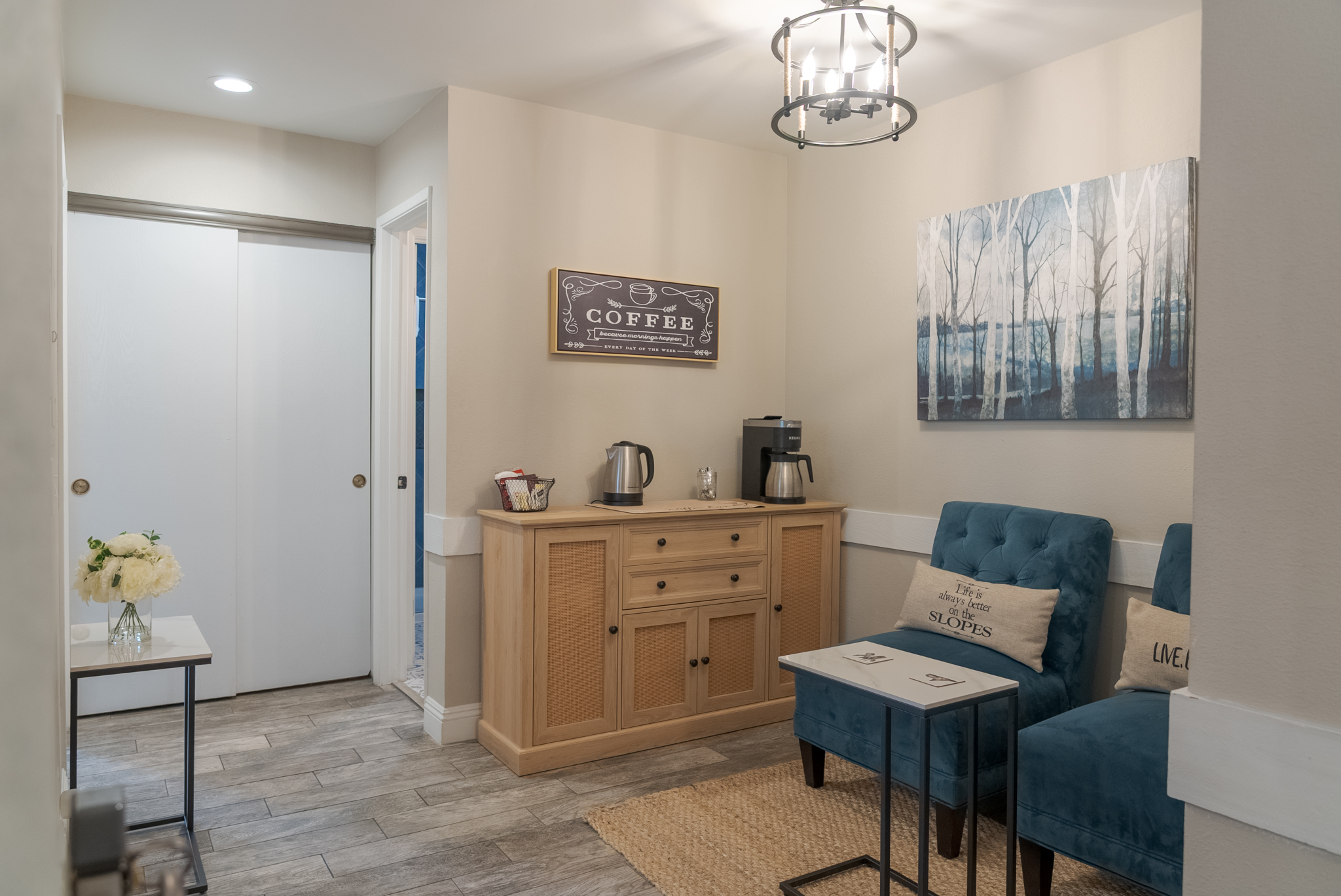 A coffee and tea bar to serve up your choice of morning brew.  Enjoy sipping your brew in one of the comfy chairs.