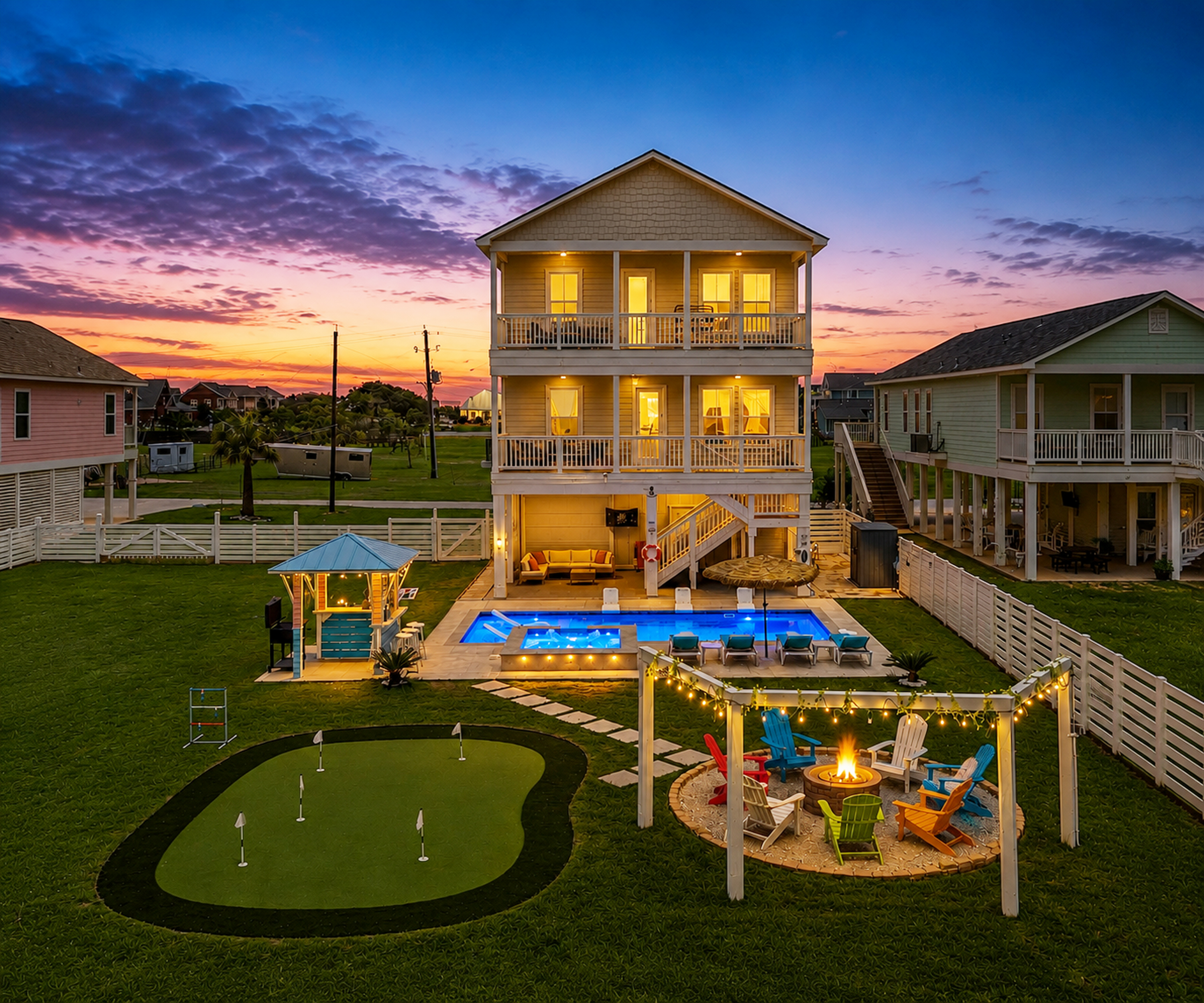 "Unwind after sunset with a peaceful poolside setting with the cozy firepit and mini golf - perfect for evening swims, conversations and making unforgettable memories".