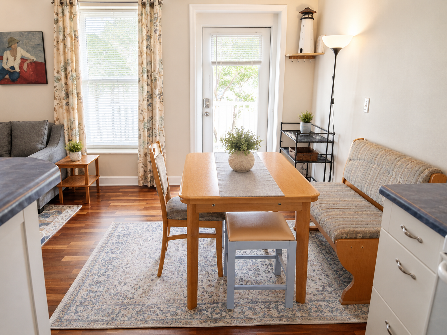 Open design of this 1br condo with great use of space.  Dining table for dining or use while working remotely.