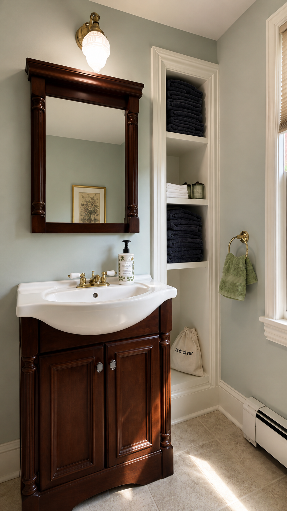 Second floor full bath — mahogany vanity, brass fixtures, and built-in linen shelves stocked with fresh towels. The details here are as considered as anywhere else in the house.