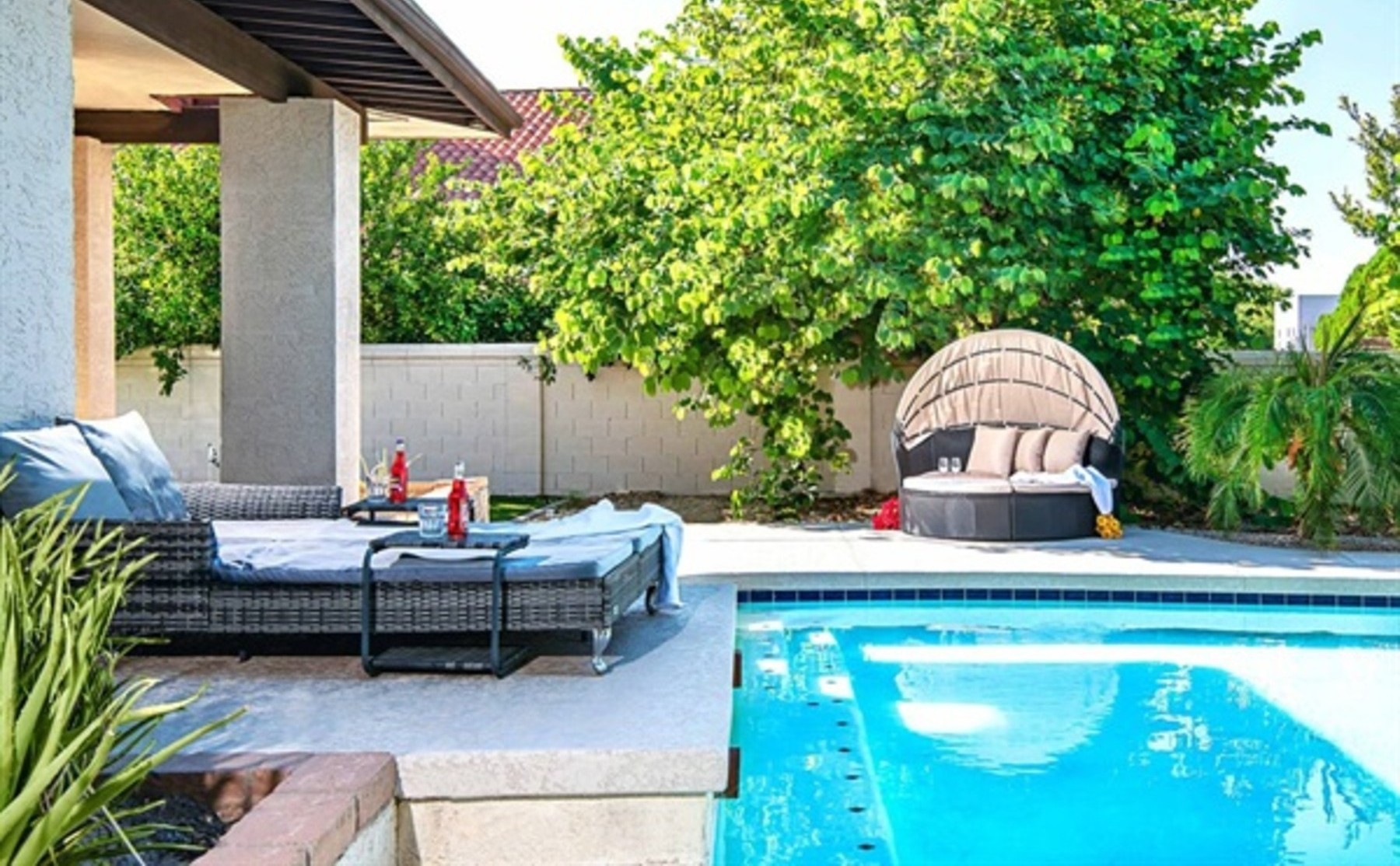 Lounge in style beside the heated pool surrounded by greenery, luxury seating, and total backyard bliss.
