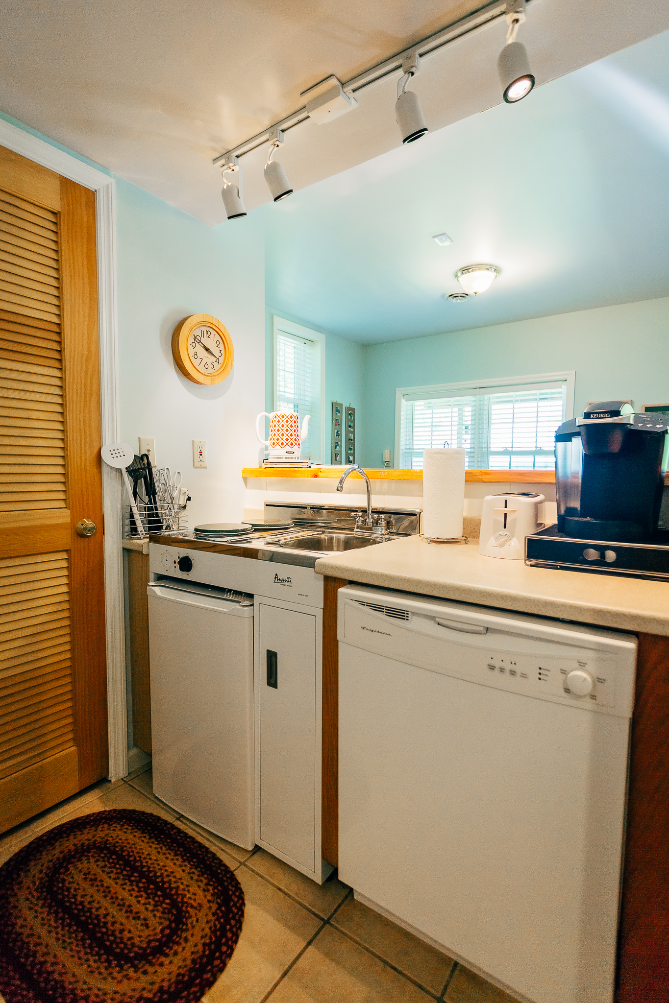 Kitchenette, dishwasher and mini fridge.