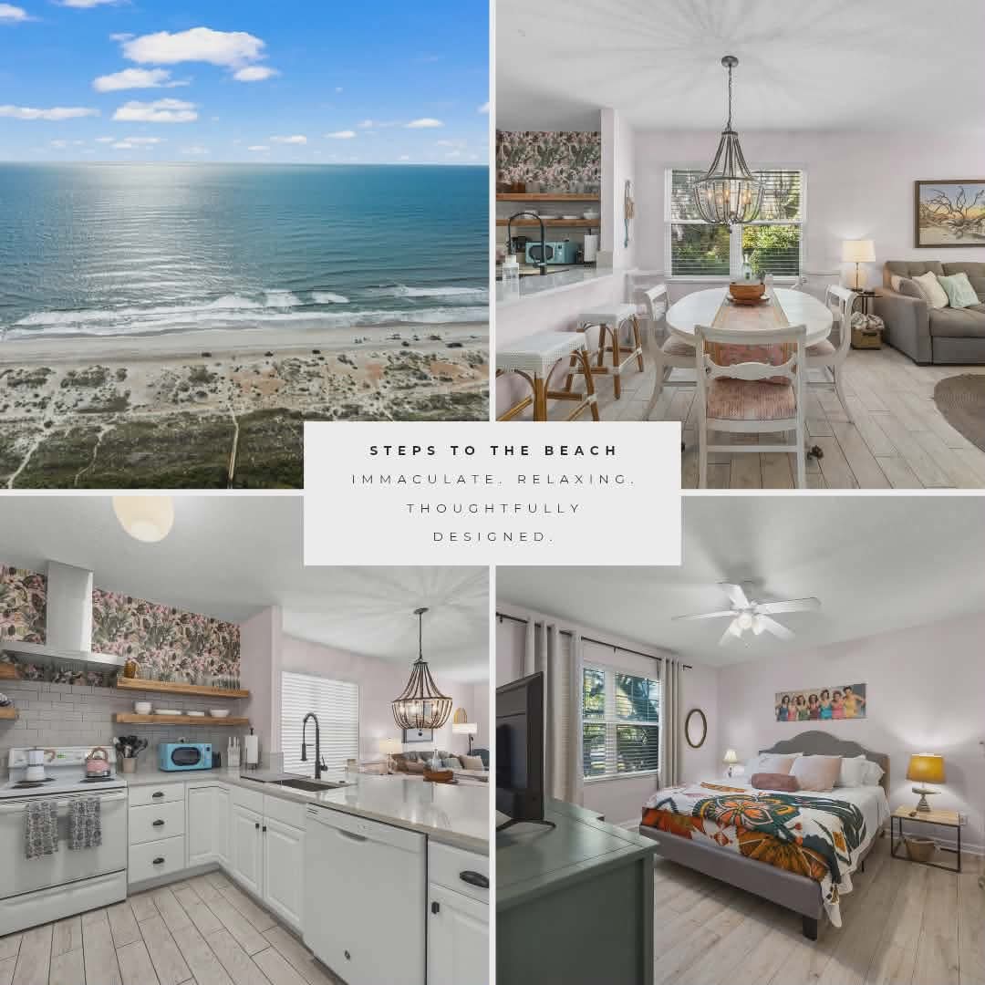 Bright and inviting dining space, open kitchen with floating shelves, calming primary bedroom and beautiful St Augustine Beach!
