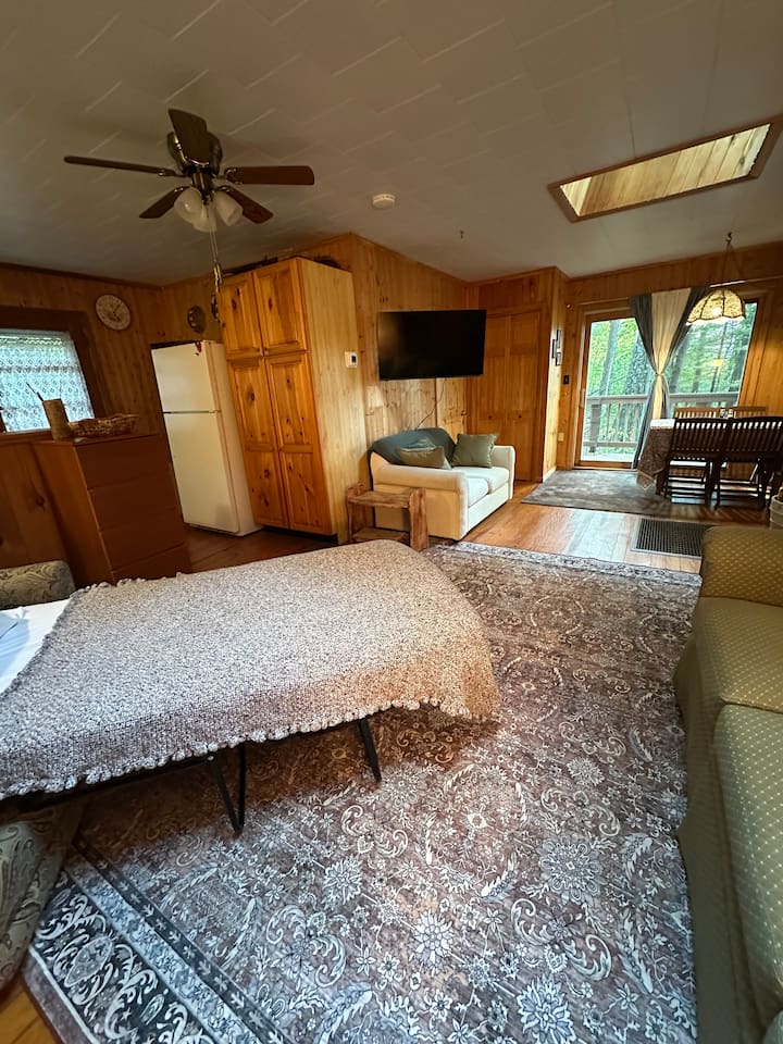 Cozy living room with two sleeper sofas — one folds into a twin bed, the other a cot-size. Perfect for extra guests! Fresh bedding is stored in the closet. Ideal for relaxing after a day exploring the orchards, trails, or lakes nearby.