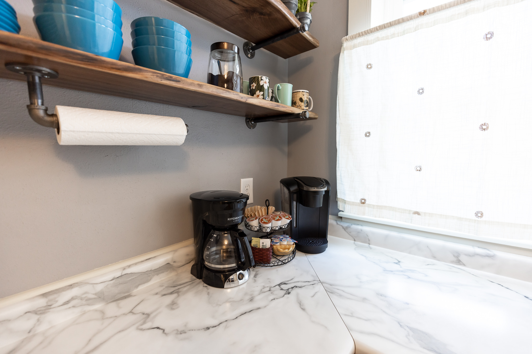 Drip coffee available.  Cameron's ground Jamaican is available  next to the mugs with a 2tbsp scooper to make the pot as strong as you'd like.  Creamer, sugar and stevia available too.