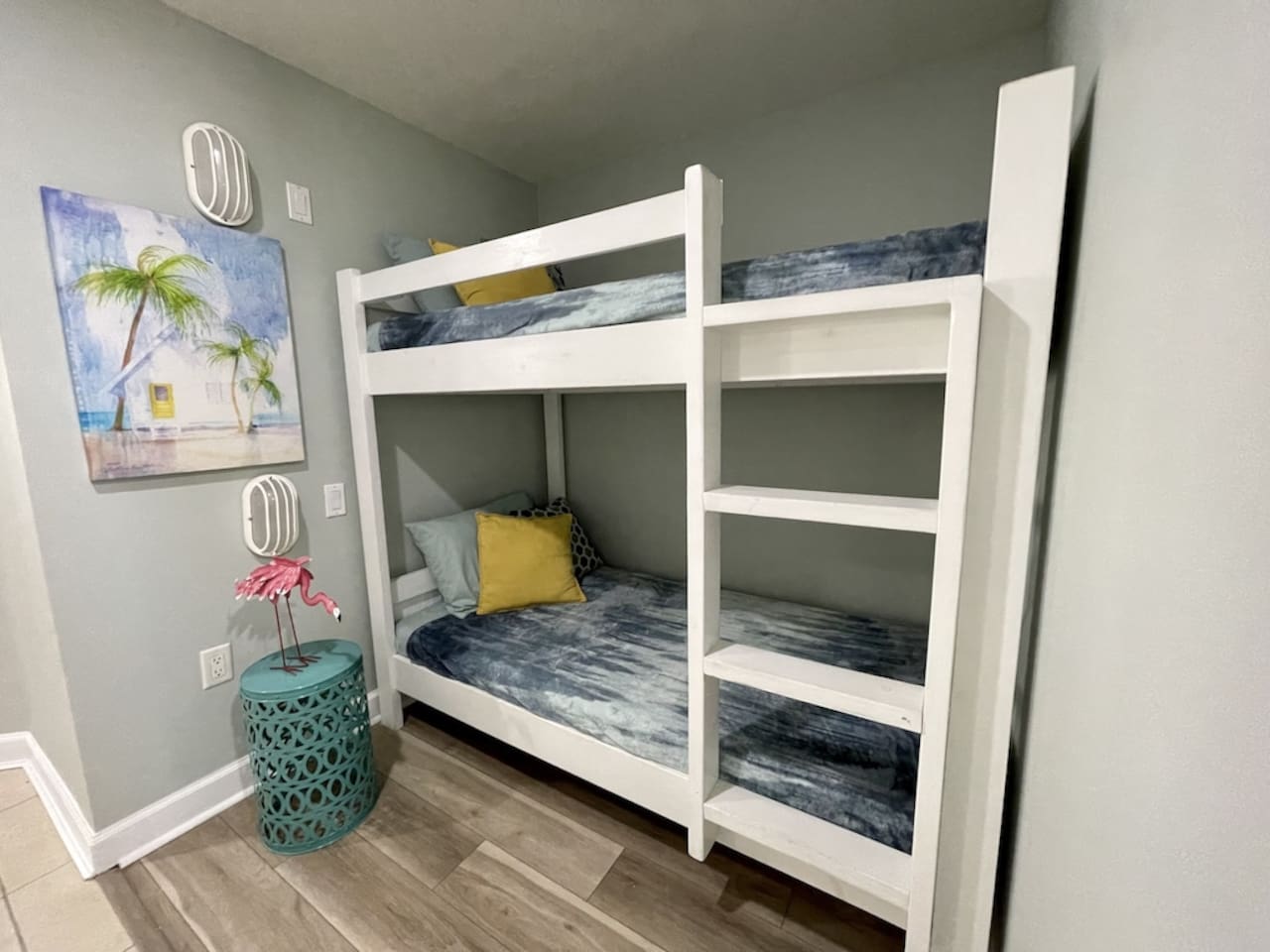 Twin bunk beds located in hallway alcove. 