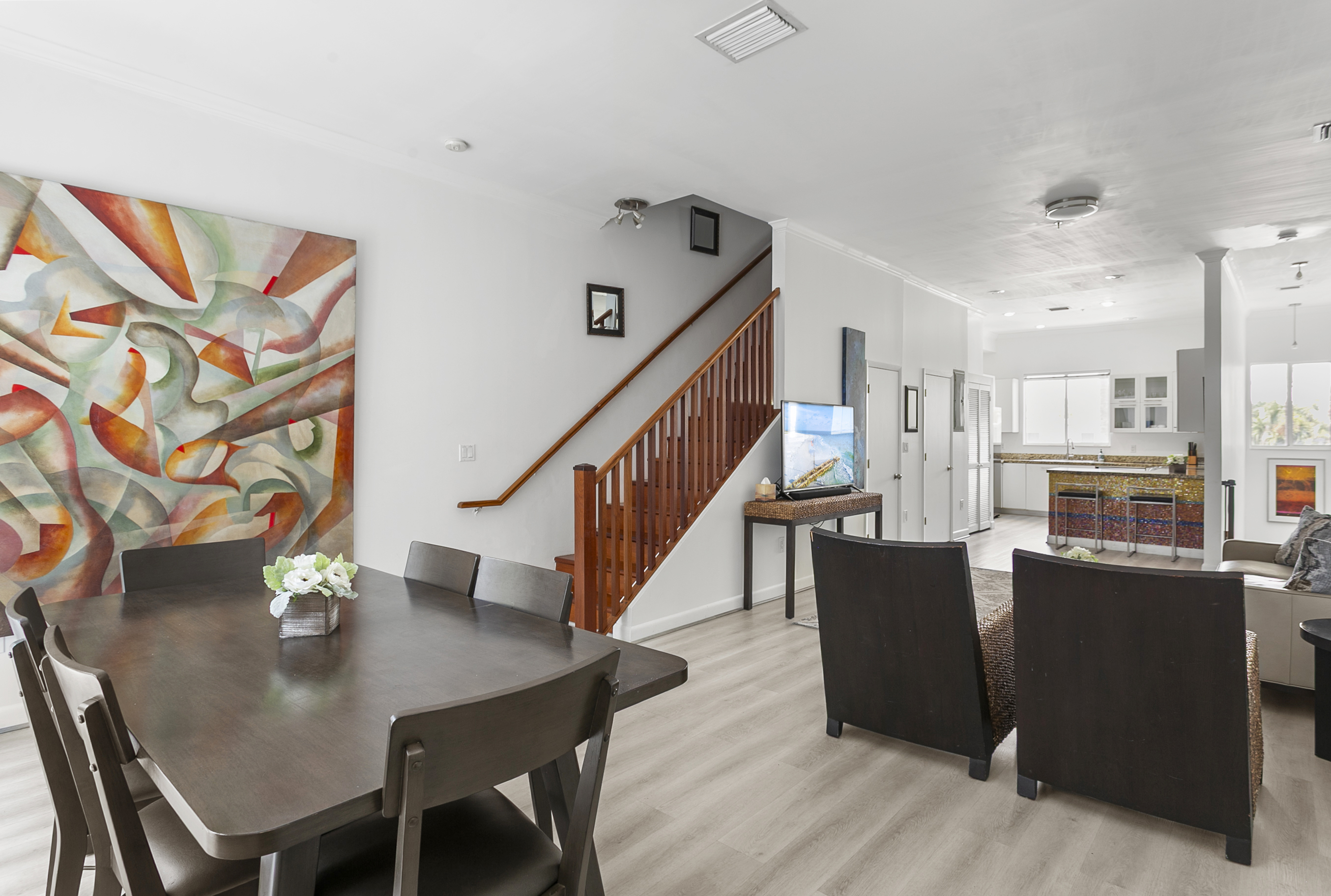 Large dining table with comfortable seating for six