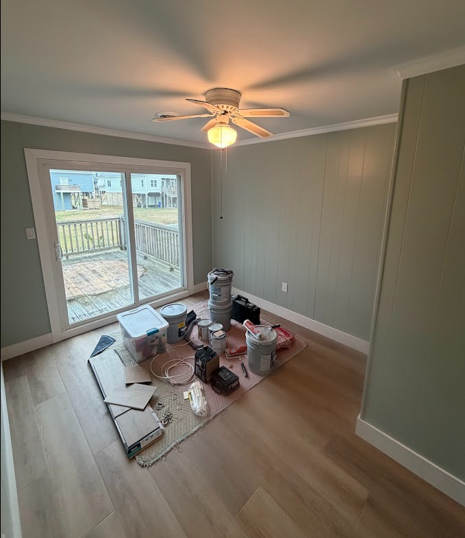 This bedroom connects to the larger bathroom, and will have a queen bed. Trim is now complete! (Please ignore the tools :)