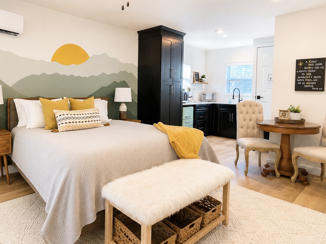 Private casita with room for 2-3 people.  Equipped with kitchenette, full bath and everything you need in this studio space.