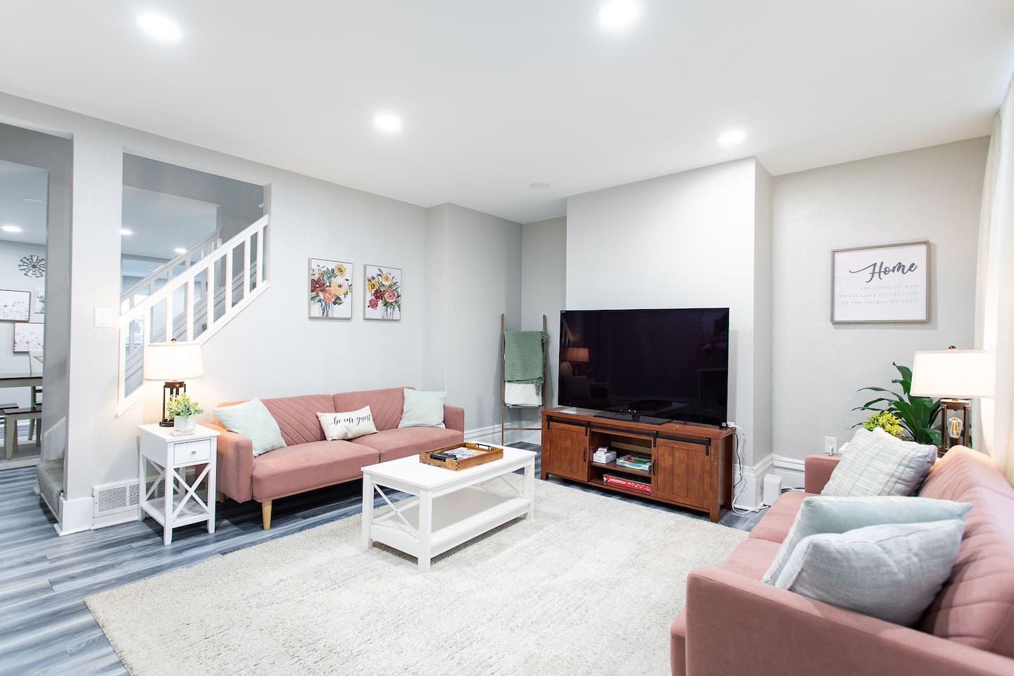 Watch your favorite shows, movies, and sports on the living room 55” ROKU smart TV, accessing local channels via antenna and popular streaming channels with your own log-ins.