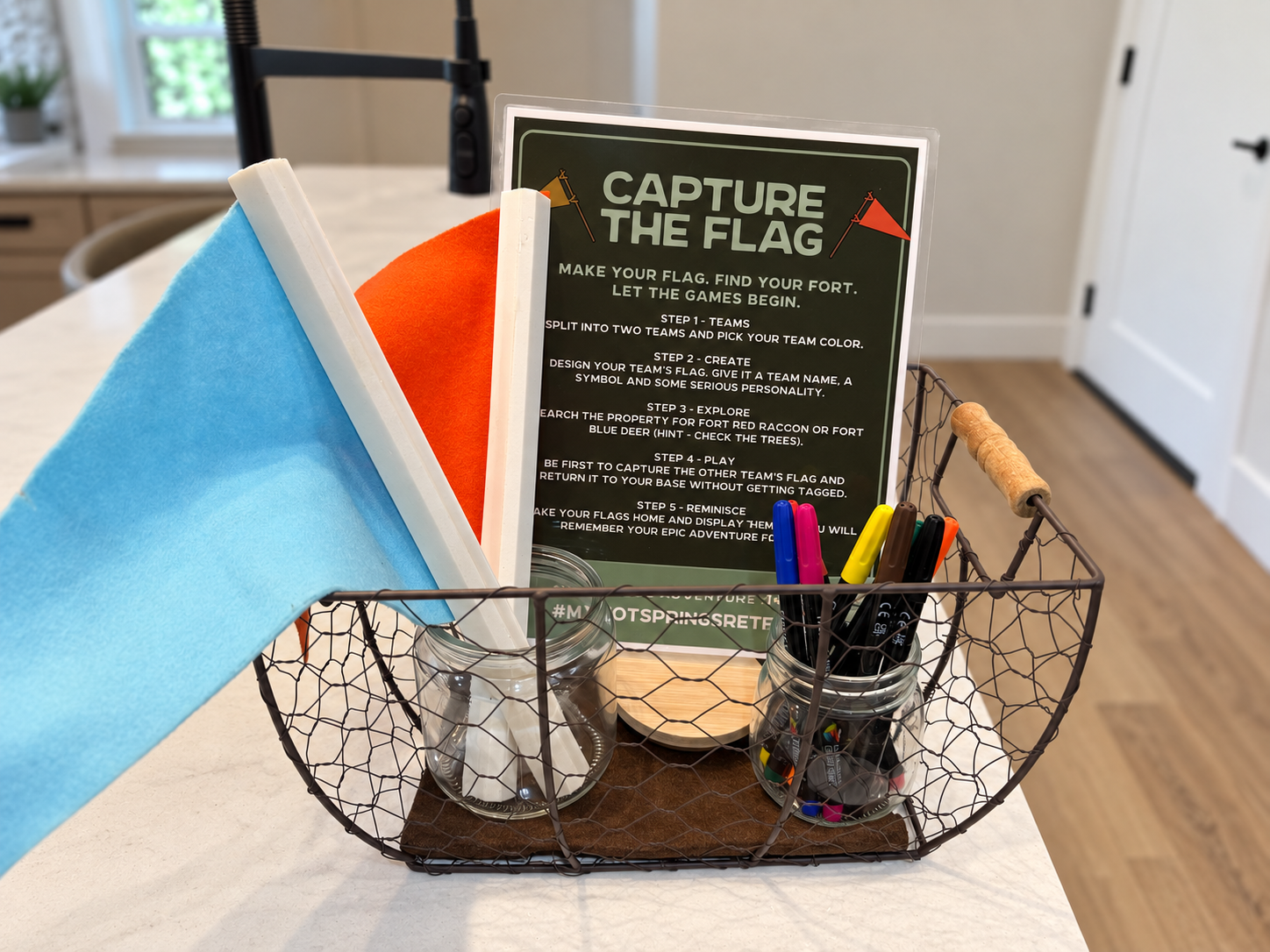 Maybe keep this one a surprise for when you arrive, but somewhere on our 10 acres, we have put up 2 capture the flag checkpoints (team blue raccoon and team red deer).  Design your flags and take them home with you.