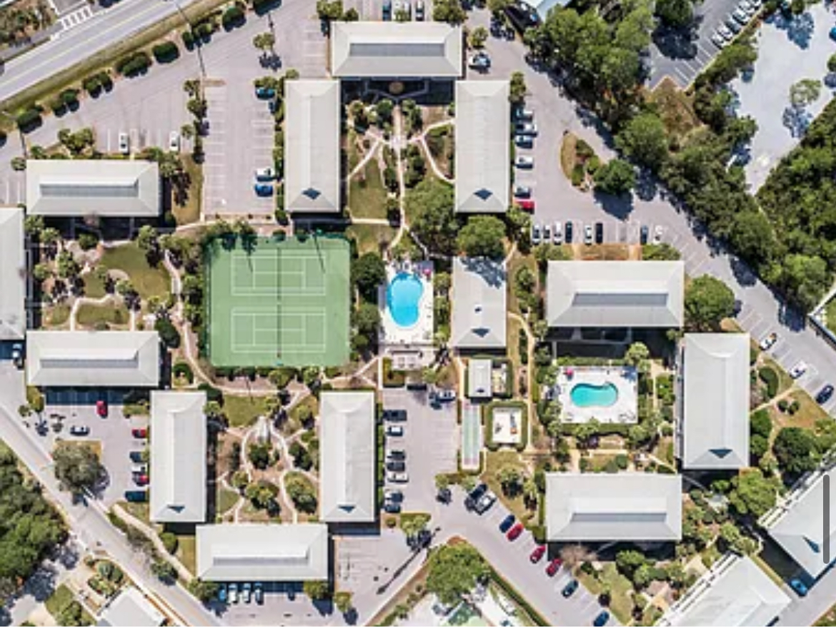 The community from above: pools, courts and parking