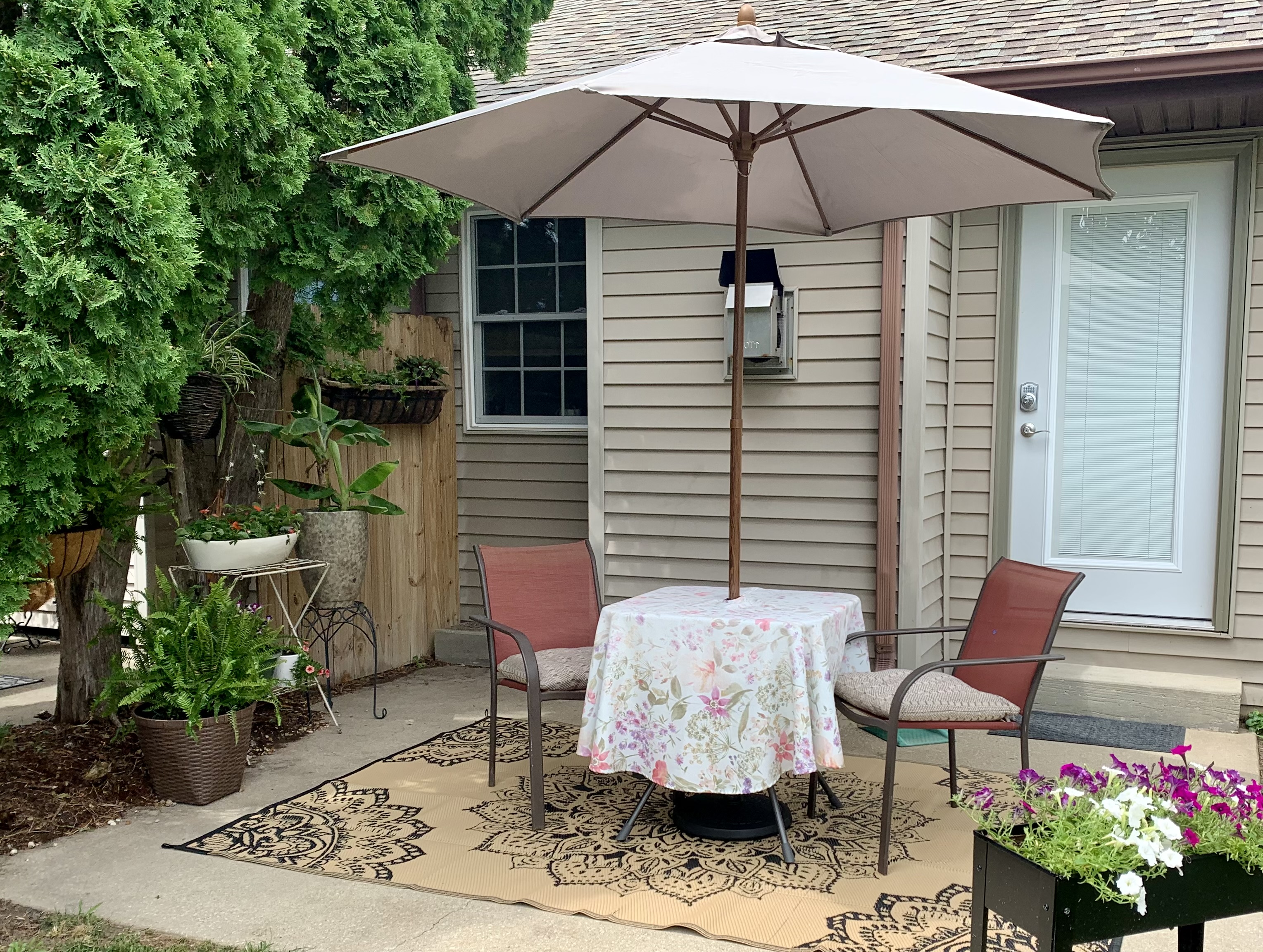 Relax with a morning coffee or unwind with an evening glass of wine on the quiet patio. Summer flowers are blooming in abundance across the lawn.
