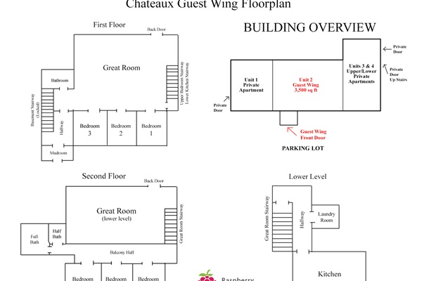 The guest wing's floorplan, including an overall building layout showing that the guest wing is in the middle of the building and has apartments on either side.