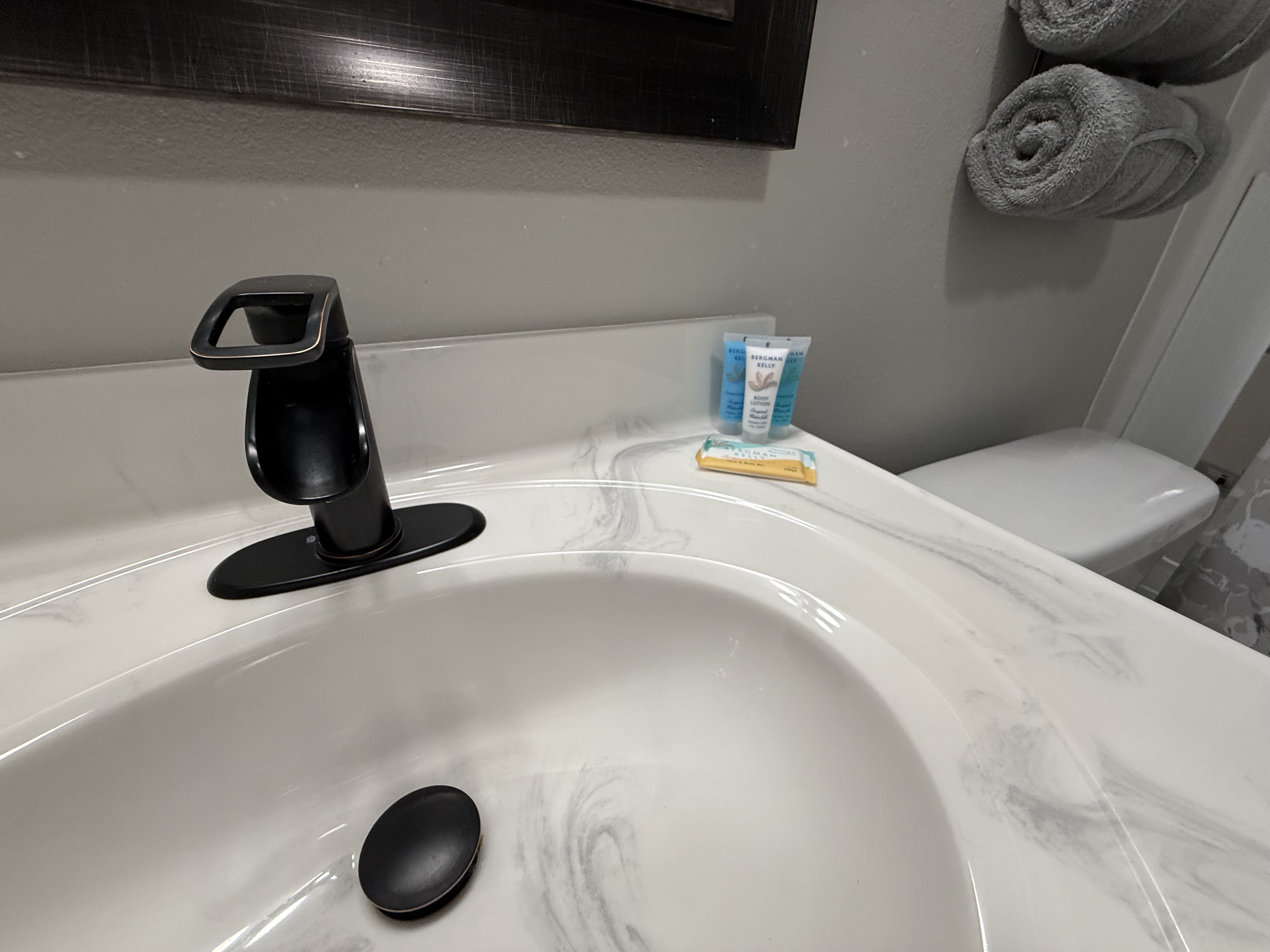 Travel-size shampoo and soaps provided