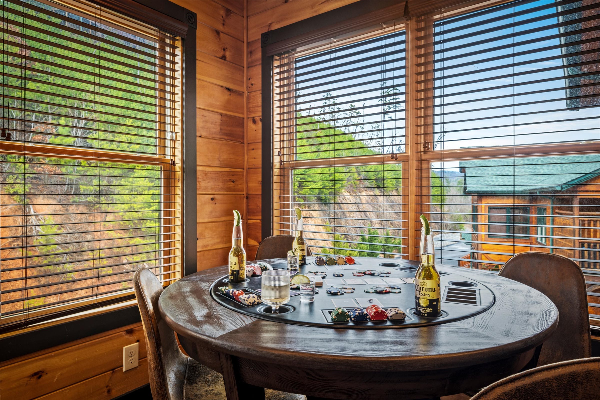 The poker table is in the upper bar/lounge.