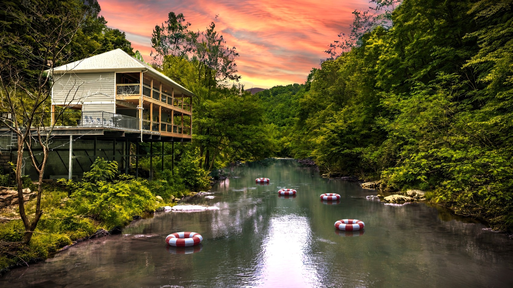 Welcome to "Take Me to the River" Cabin. Perched right above the famous "Little Pigeon River" in Gatlinburg. Enjoy your favorite drink on the deck overlooking the river + watch wildlife pass through the trees. TUBES/FLOATS ARE NOT PROVIDED.