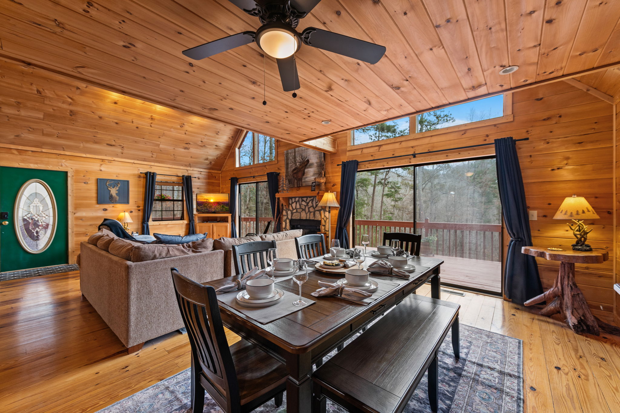 The layout encourages easy conversation, making it perfect for both casual dining and special gatherings.