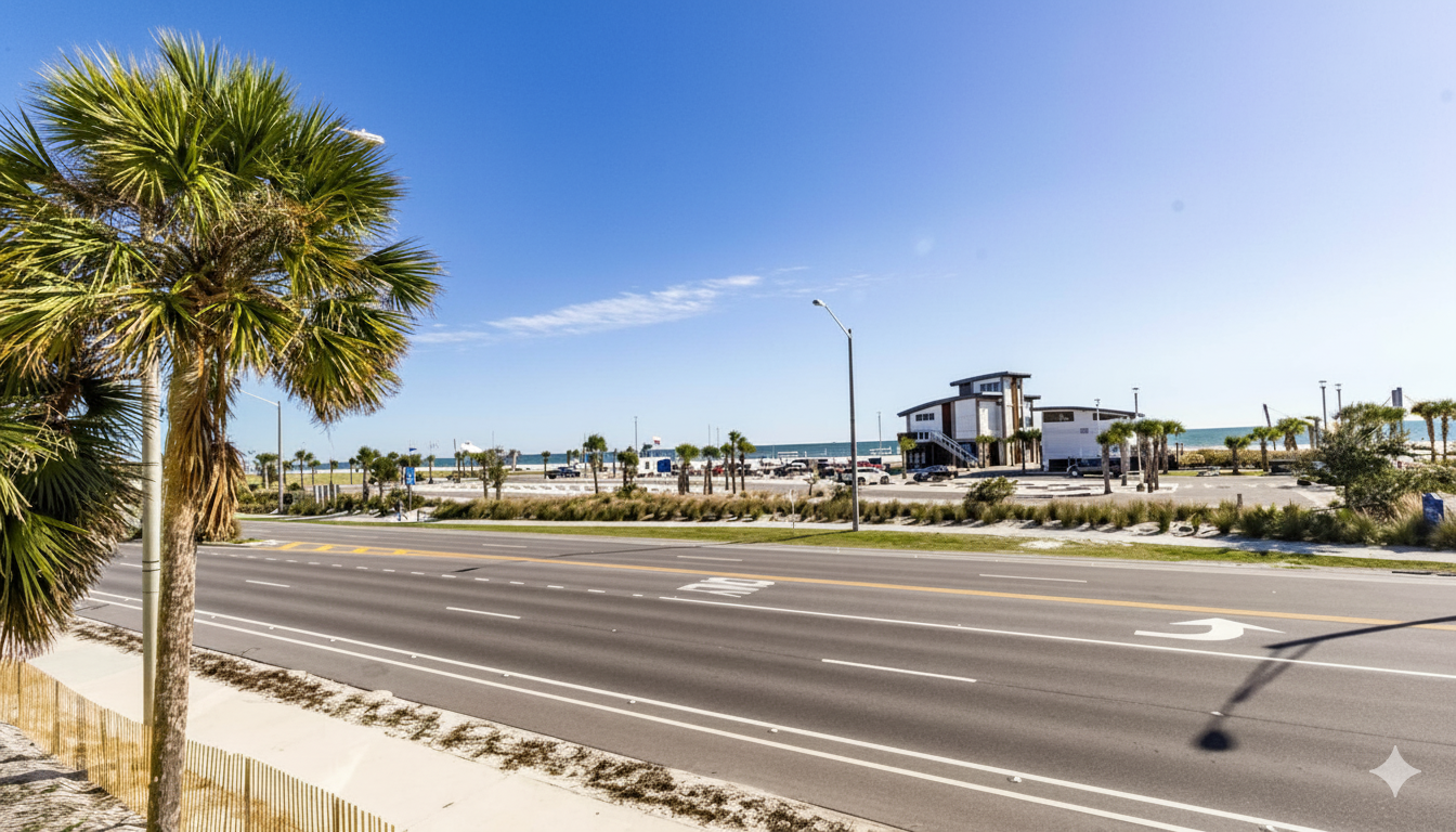 The vibrant beach scene is easily reachable, with a dedicated crosswalk providing safe passage to the pristine shores.